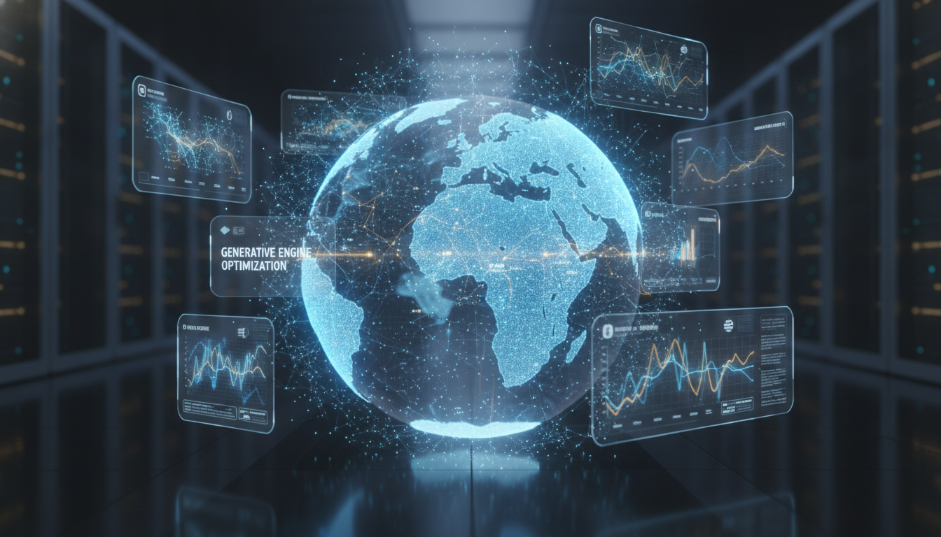 A digital visualization of Generative Engine Optimization GEO illustrating how to get your site found and cited by global AI engines.