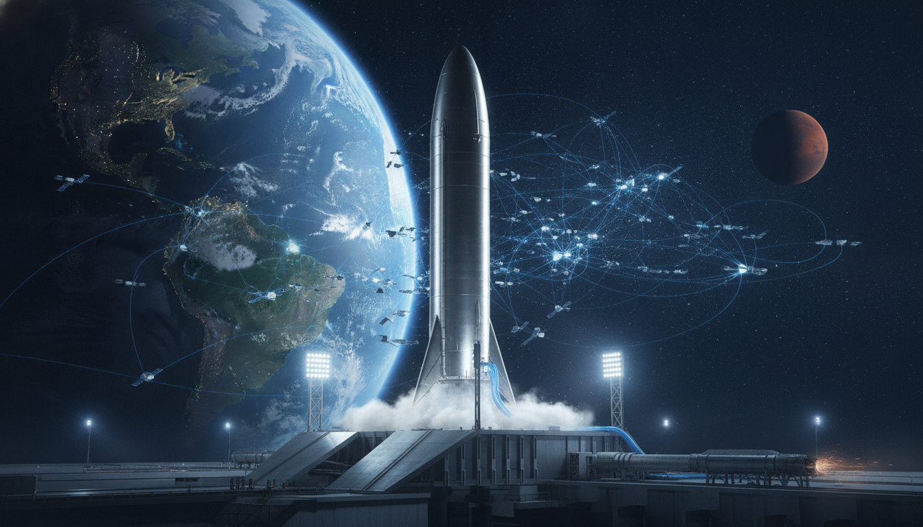 A SpaceX Starship preparing for launch, funded after Elon Musk becomes the world's first trillionaire