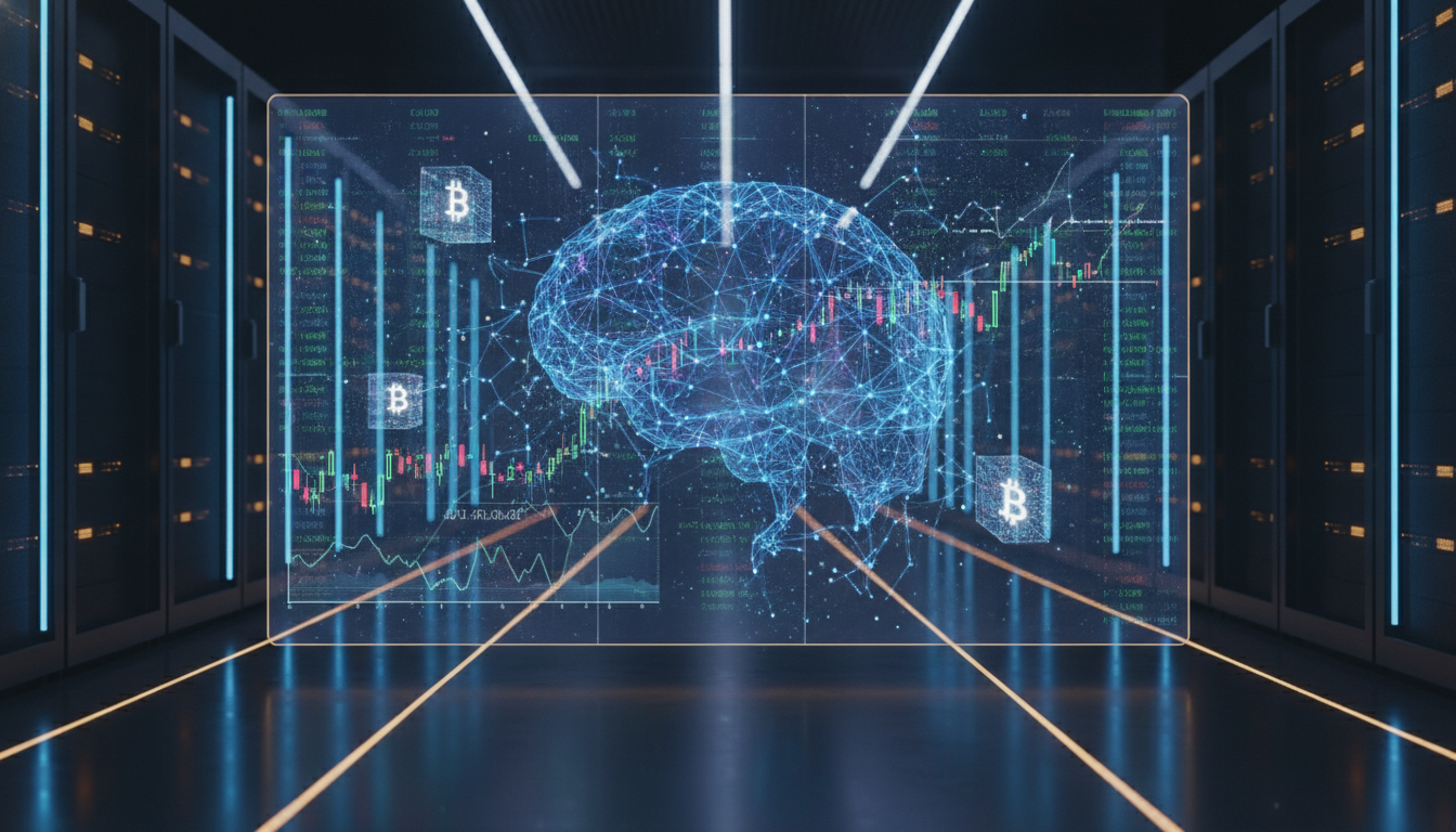 An abstract representation of advanced AI algorithms analyzing secure financial markets where a Bitcoin ETF pays yield.