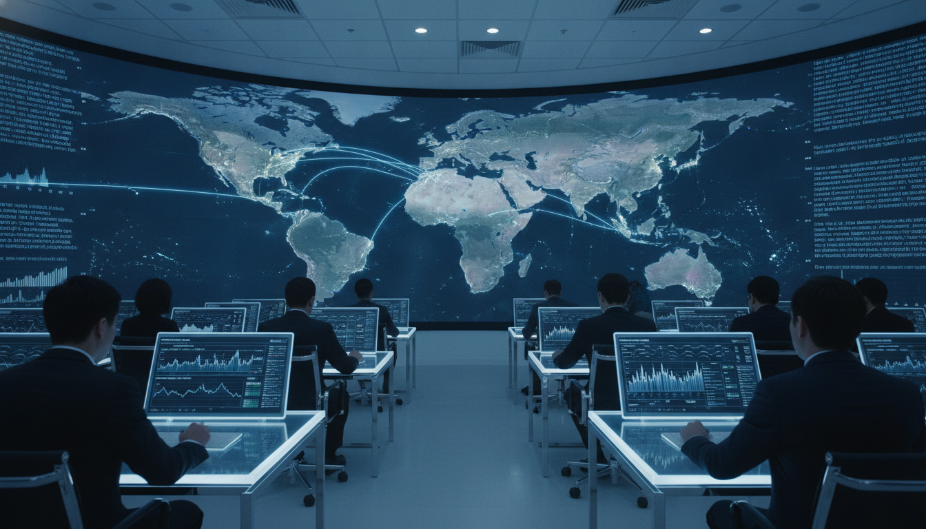 A high-tech financial operations room depicting the mBridge blockchain network, an alternative to SWIFT, analyzed alongside SpaceX's Cursor deal breakdown.