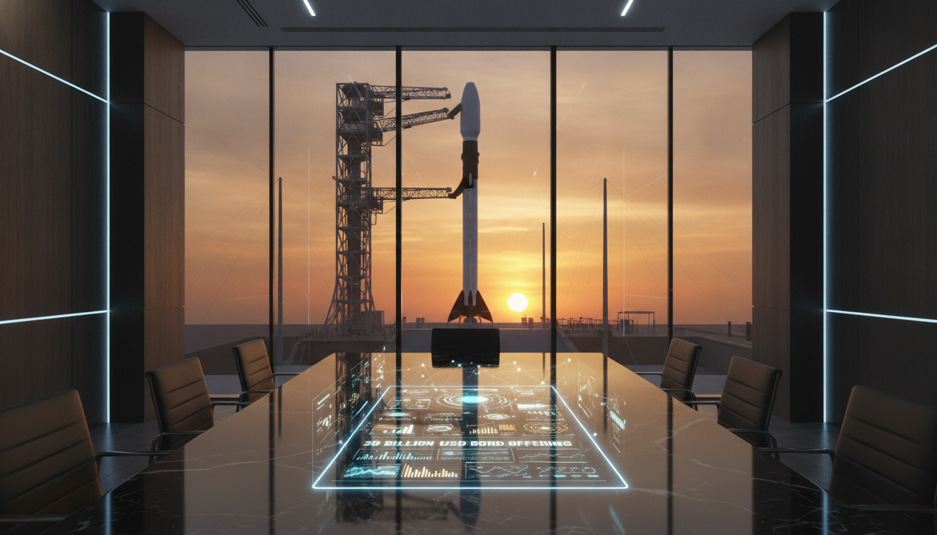 SpaceX rocket visible from a modern corporate office, showing the intersection of aerospace bonds and the Best Ai Crypto Predictions For 2025.