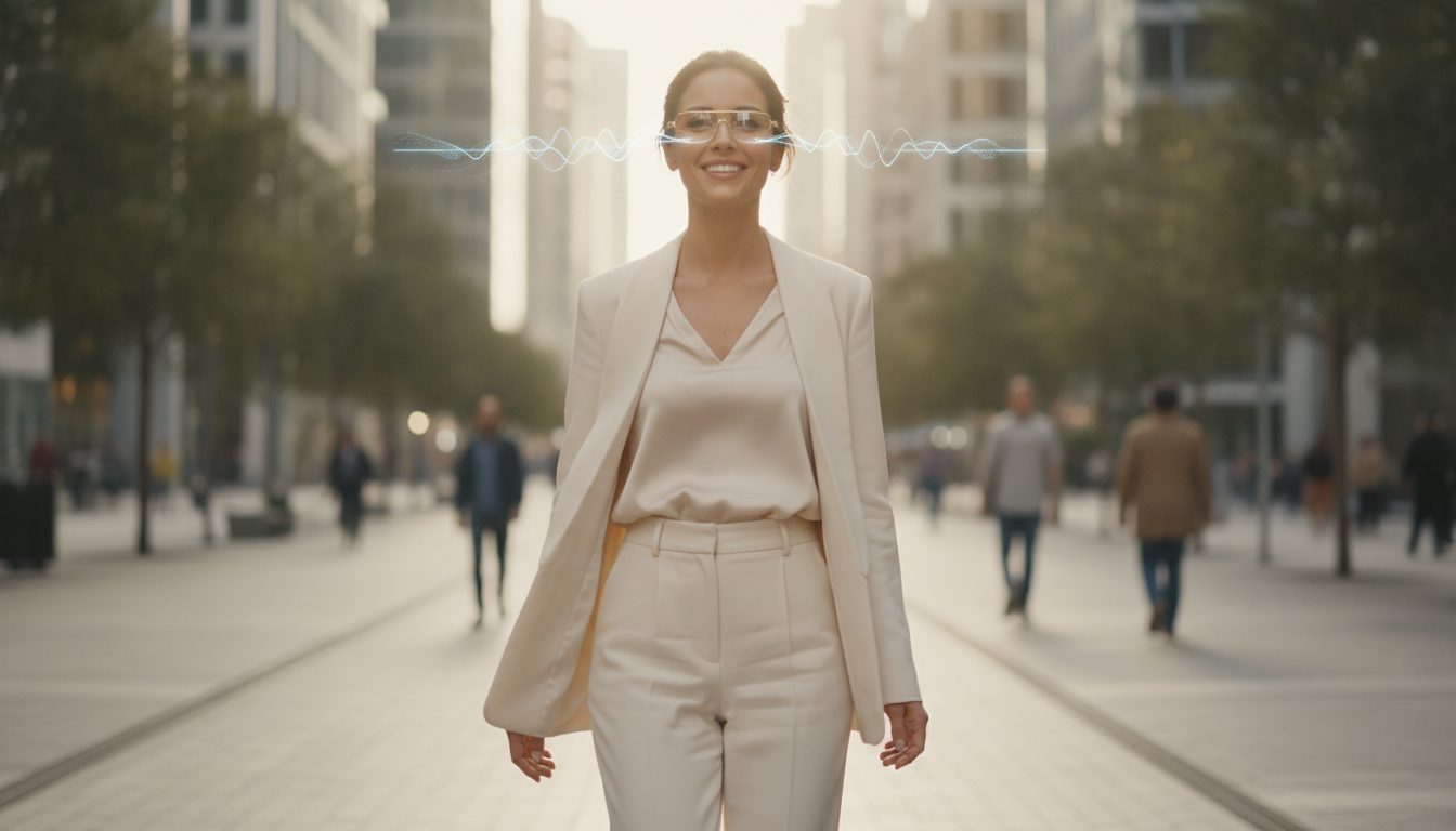 A lifestyle shot of a woman using hands-free features on her smart Meta Glasses in the city