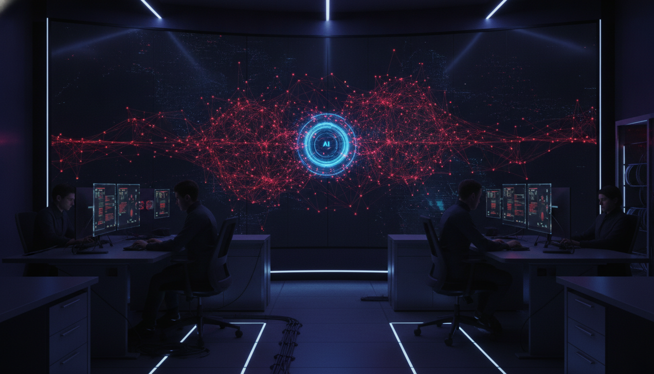 A digital visualization of a distillation security attack monitored inside a new AI lab cybersecurity command center.