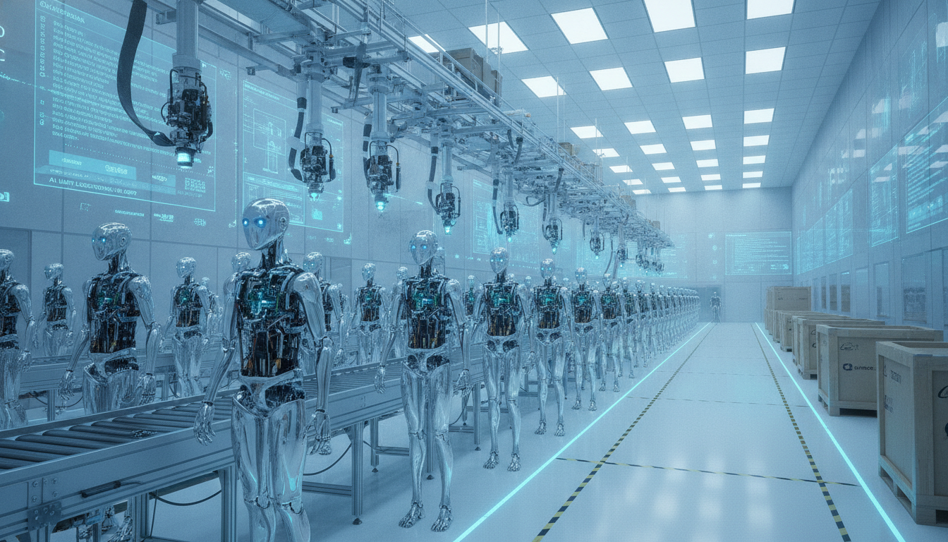 Advanced humanoid robots on a modern assembly line, showing the industrial pivot after Hyundai reportedly set to buy out Boston Dynamics entirely.