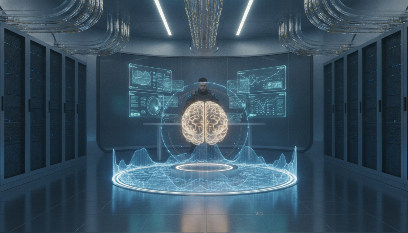 A secure AI data center illustrating advanced defense mechanisms against distillation attacks after Anthropic accuses Alibaba of model extraction.