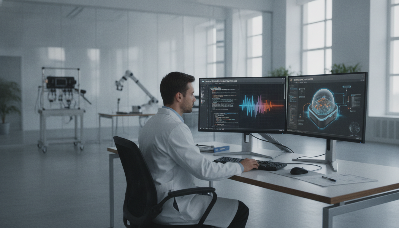 Researchers analyzing the open-source Brain2Qwerty neural decoding code in a modern laboratory setting.