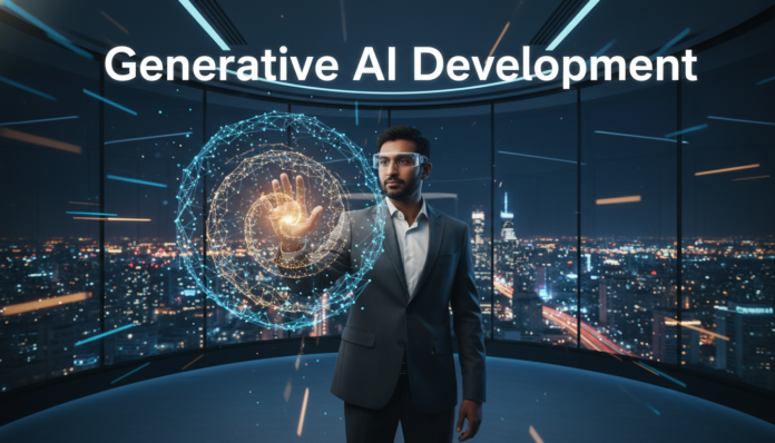 A software engineer interacting with futuristic holograms at a leading Generative Ai Development Company.