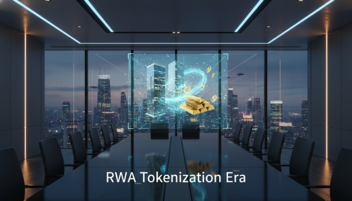 A futuristic financial boardroom illustrating real-world asset (RWA) tokenization with holographic digital assets.
