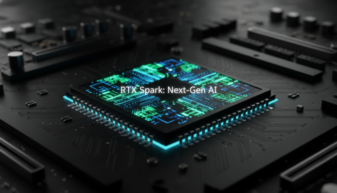 A close-up shot of the futuristic Nvidia RTX Spark microchip glowing with powerful AI energy on a modern motherboard.
