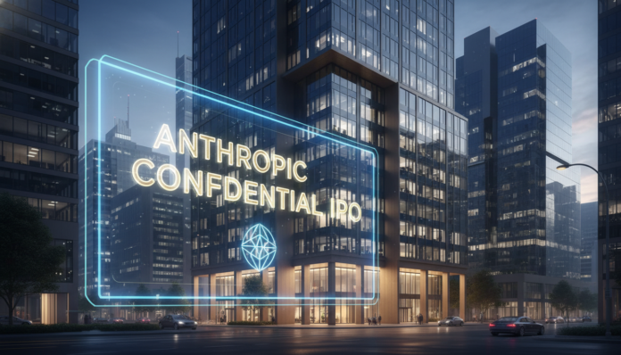 A modern financial skyscraper with a digital overlay reading Anthropic Files for a Confidential IPO, representing the major financial milestone.
