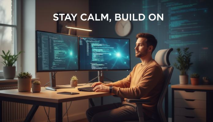 A serene software developer working in a modern office, showing how developers can stay calm in the AI era.