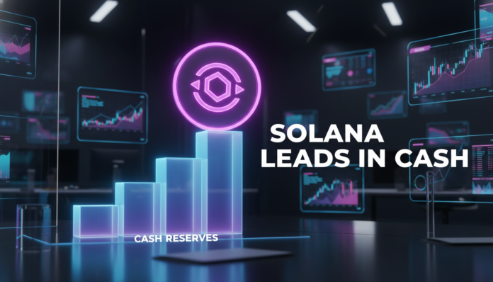 A towering 3D bar chart of cash reserves topped with a glowing Solana coin, representing how Solana raked in more cash than any blockchain.