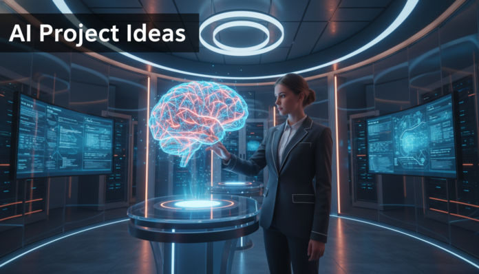 A modern tech developer exploring cutting-edge AI Project Ideas with a glowing holographic neural network.