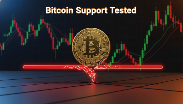 A professional financial candlestick chart with a golden Bitcoin coin resting on a cracked support level, illustrating when Bitcoin reaches lowest price support since February.