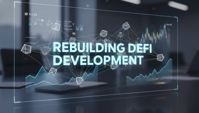A futuristic glowing holographic network interface representing new Defi Development initiatives.