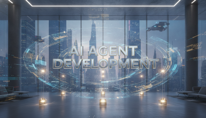 A futuristic corporate environment highlighting the growth of an Ai Agent Development Company in modern finance.