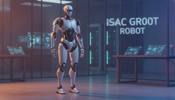 Isaac GR00T Reference Humanoid Robot standing in a futuristic research laboratory with professional cinematic lighting.