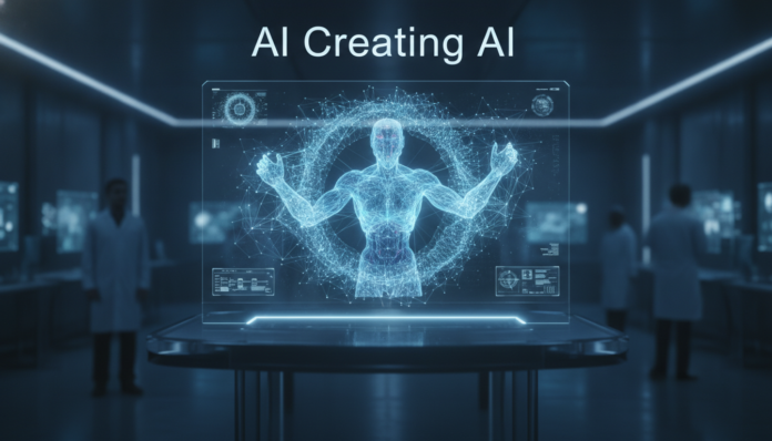 A futuristic AI interface demonstrating how Claude is generating its own successors in a modern tech lab.