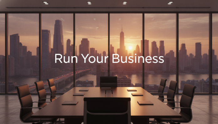 An elegant executive office with a city view, illustrating how to run your business successfully.