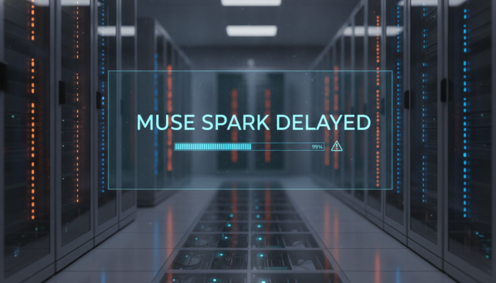 A high-tech digital server room visualizing how Meta keeps pushing back access to its Muse Spark model.