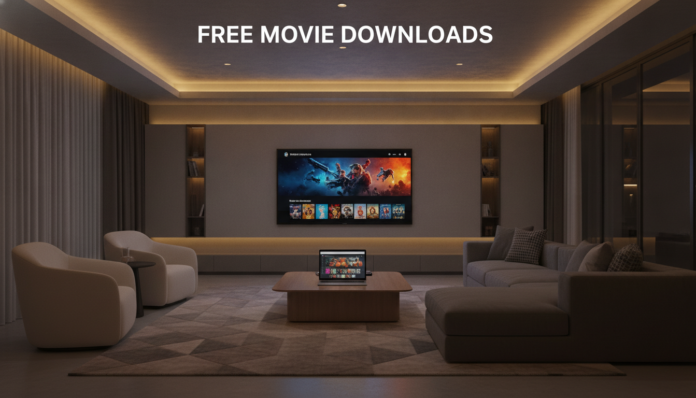 A modern home theater setup showcasing a smart TV and a laptop open to the best sites to download latest movies for free.