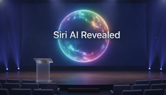 A high-impact keynote stage presentation where Apple reveals Siri AI on a giant glowing screen.