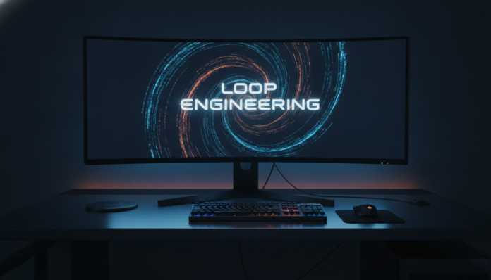 A modern developer workspace showing a futuristic glowing holographic spiral representing Loop Engineering.