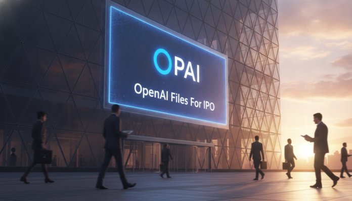 A futuristic stock exchange building displaying a digital billboard with the announcement that OpenAI files for IPO.