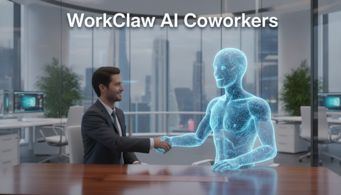 A modern office setting showing how WorkClaw launches AI coworkers to collaborate seamlessly with human employees.