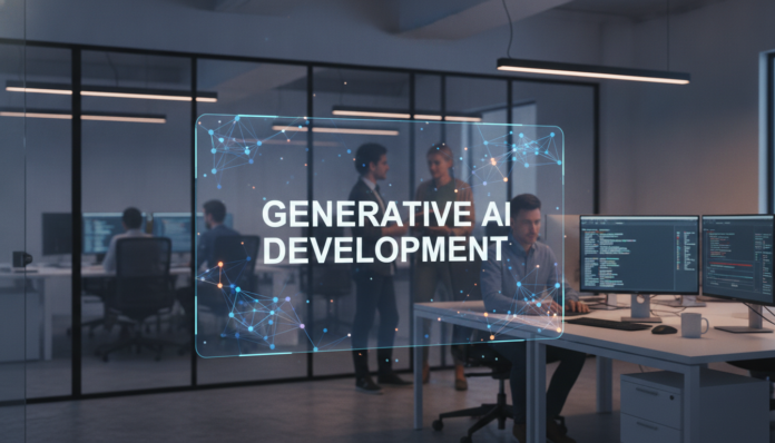 A sleek holographic interface displaying neural networks in a modern office, representing a top-tier Generative Ai Development Company.