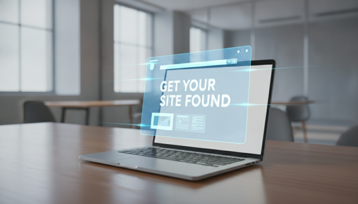 A modern workspace showing a website being optimized for AI search, demonstrating how to get your site found by LLMs.