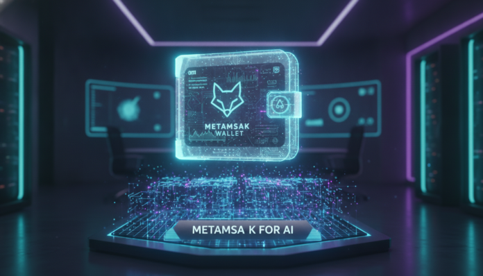 A futuristic digital wallet concept displaying the slogan Metamask for AI agents is here, with glowing network connections.