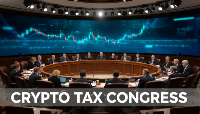A prestigious congressional hall during the 1st Crypto tax hearing for congress with digital charts in the background.