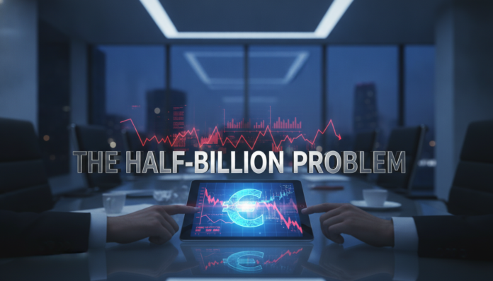 A professional digital finance conceptual image representing Wise's Half-Billion-Euro Problem with declining charts and alert signals.