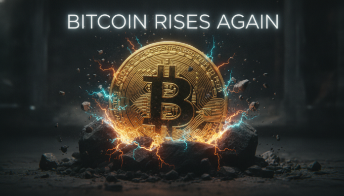 A golden Bitcoin coin rising from a dark stone tomb, illustrating Bitcoin to return from the dead.