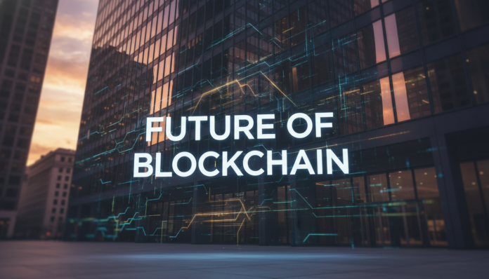 A digital blockchain ledger network overlaying a modern Wall Street financial building, representing the future of blockchain in finance.