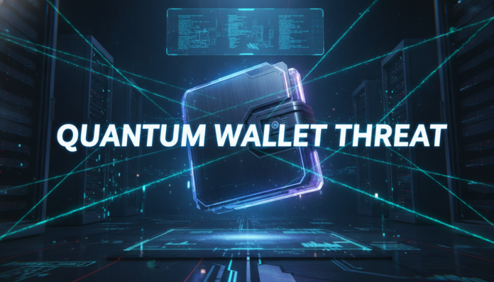 A high-tech digital wallet being analyzed by quantum light beams, illustrating the warning that Coinbase: Quantum can crack wallets.