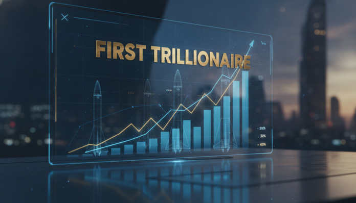 A high-tech digital display celebrating as Elon Musk becomes the world’s first trillionaire