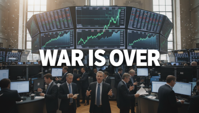 A bustling stock exchange with green financial charts reflecting a market rebound now that the US-Iran war is over.