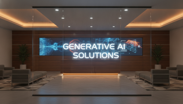 Modern corporate office displaying a sign for a Generative Ai Development Company.