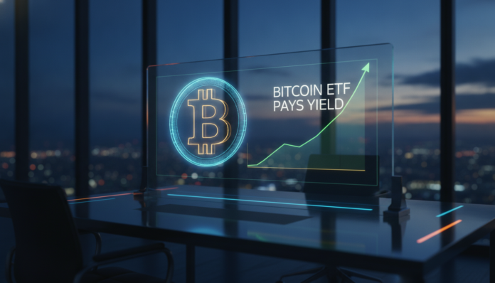 A modern financial terminal displaying a rising chart illustrating how a Bitcoin ETF pays yield.