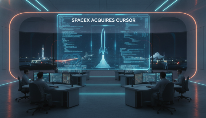 A conceptual visualization of Elon Musk's SpaceX $SPCX to acquire AI coding startup Cursor for $60,000,000,000 with a futuristic SpaceX theme.