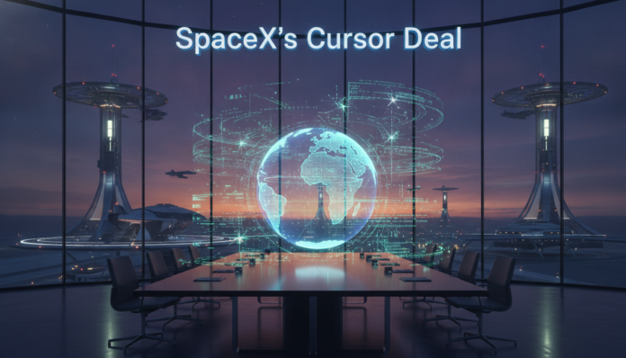 A high-impact futuristic visual illustrating SpaceX's Cursor deal breakdown with advanced AI holograms in a modern aerospace boardroom.