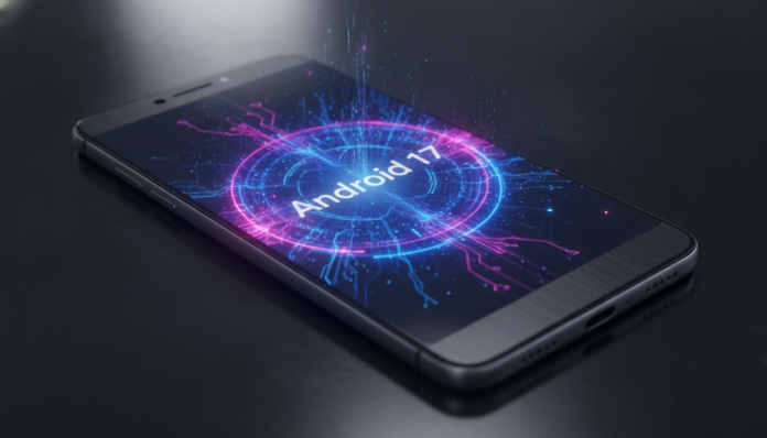 A sleek smartphone displaying the new Android 17 operating system with a glowing holographic AI interface