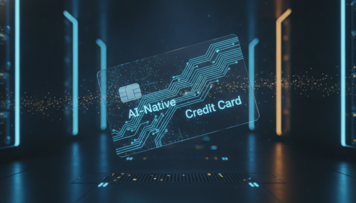A futuristic AI-native credit card glowing with digital circuits in a modern high-tech server room.