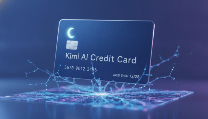A sleek concept design of China's Moonshot AI Kimi Credit Card floating above a futuristic holographic digital display