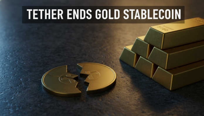A cracked gold coin and gold bars representing the news that Tether just killed its gold-linked stablecoin.