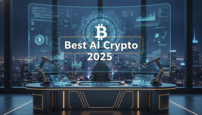 A futuristic financial workspace displaying the Best Ai Crypto Predictions For 2025 with glowing holographic crypto charts.