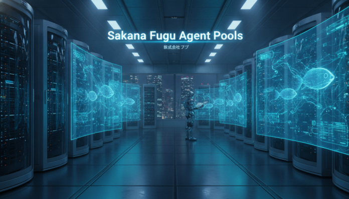 The futuristic AI research lab of Sakana Fugu displaying swappable agent pools in Tokyo.