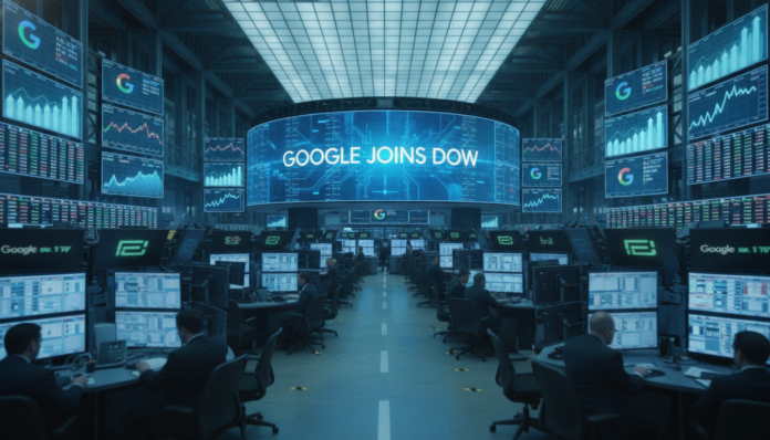 A sleek digital display board on a modern stock trading floor celebrating the news that Google was just added to the Dow Jones.
